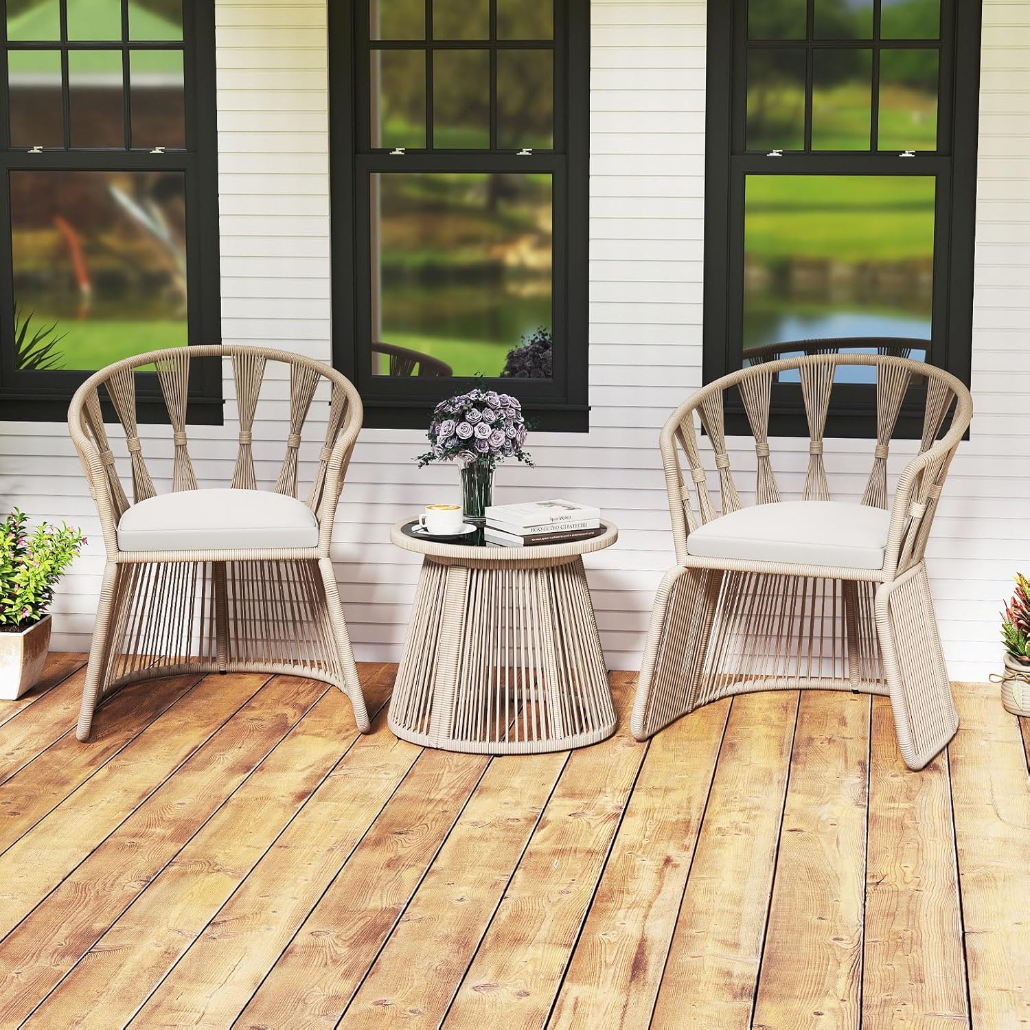 3 Piece Patio Leisure Chair Set, Outdoor Rope-Woven Cushioned Armchairs & Table Set with Tempered Glass Tabletop, for Balcony, Porch, Backyard