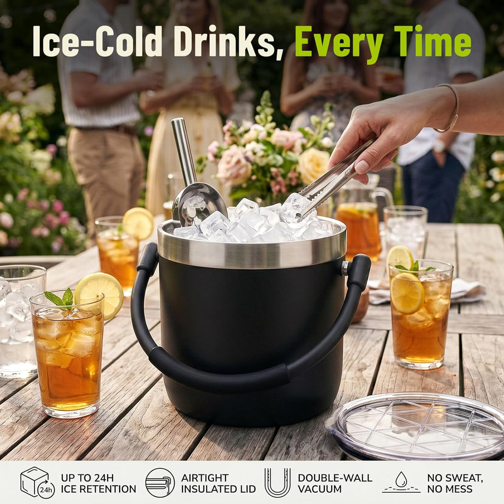 256 oz / 7L Insulated Ice Bucket with Lid and Handle, Stainless Steel Beverage Bucket for Beer, Wine & Champagne, Double Wall Vacuum Cooler for Parties, Patio & Outdoor Entertaining