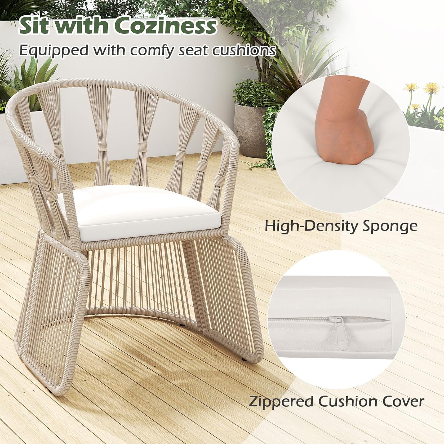 3 Piece Patio Leisure Chair Set, Outdoor Rope-Woven Cushioned Armchairs & Table Set with Tempered Glass Tabletop, for Balcony, Porch, Backyard
