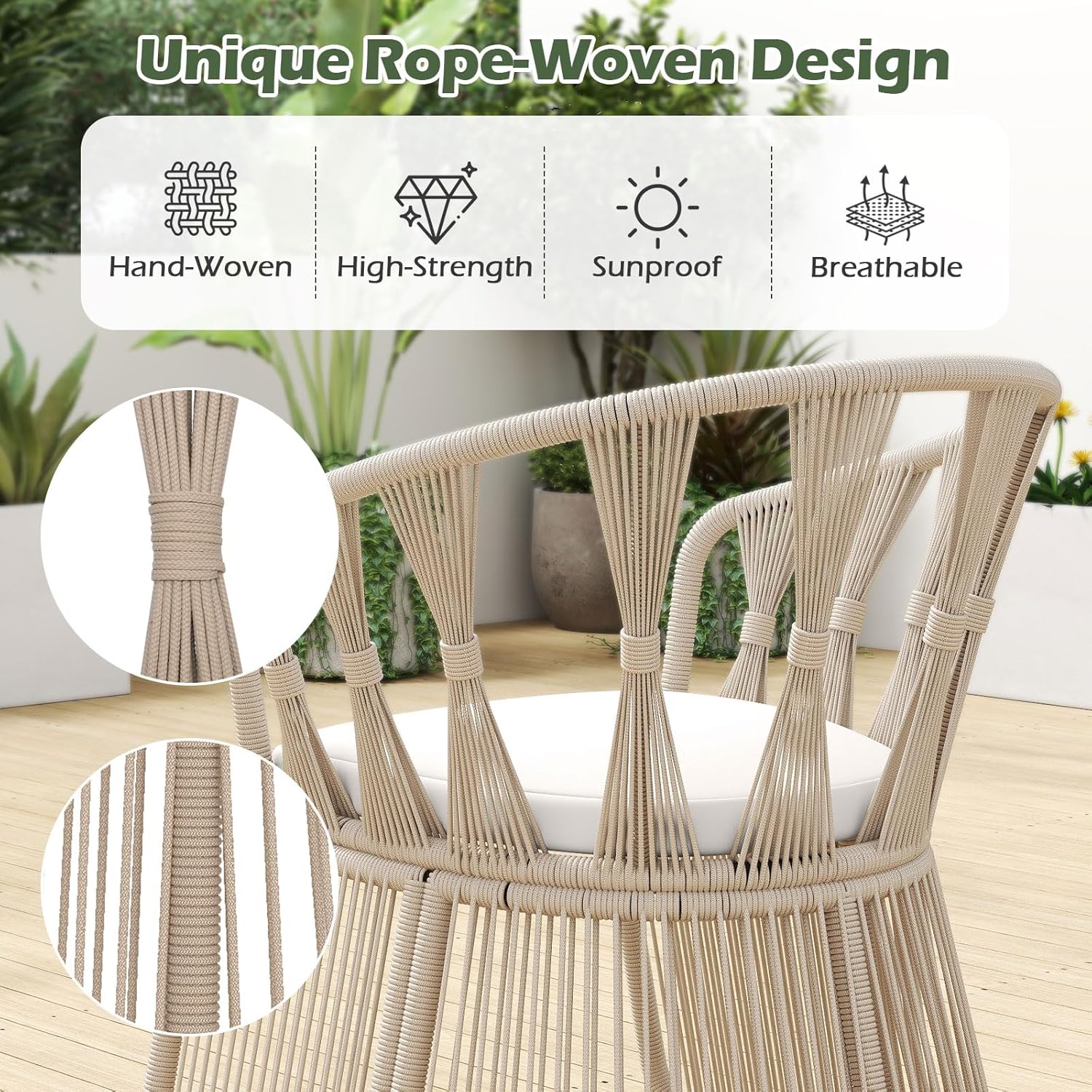 3 Piece Patio Leisure Chair Set, Outdoor Rope-Woven Cushioned Armchairs & Table Set with Tempered Glass Tabletop, for Balcony, Porch, Backyard