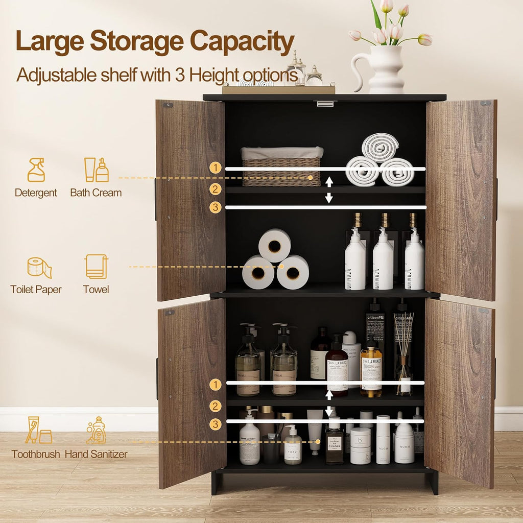 Bathroom Storage Cabinet, Floor Cabinet with 4 Fluted Doors and 2 Adjustable Shelves Wooden Tall Freestanding Organizers and Storage
