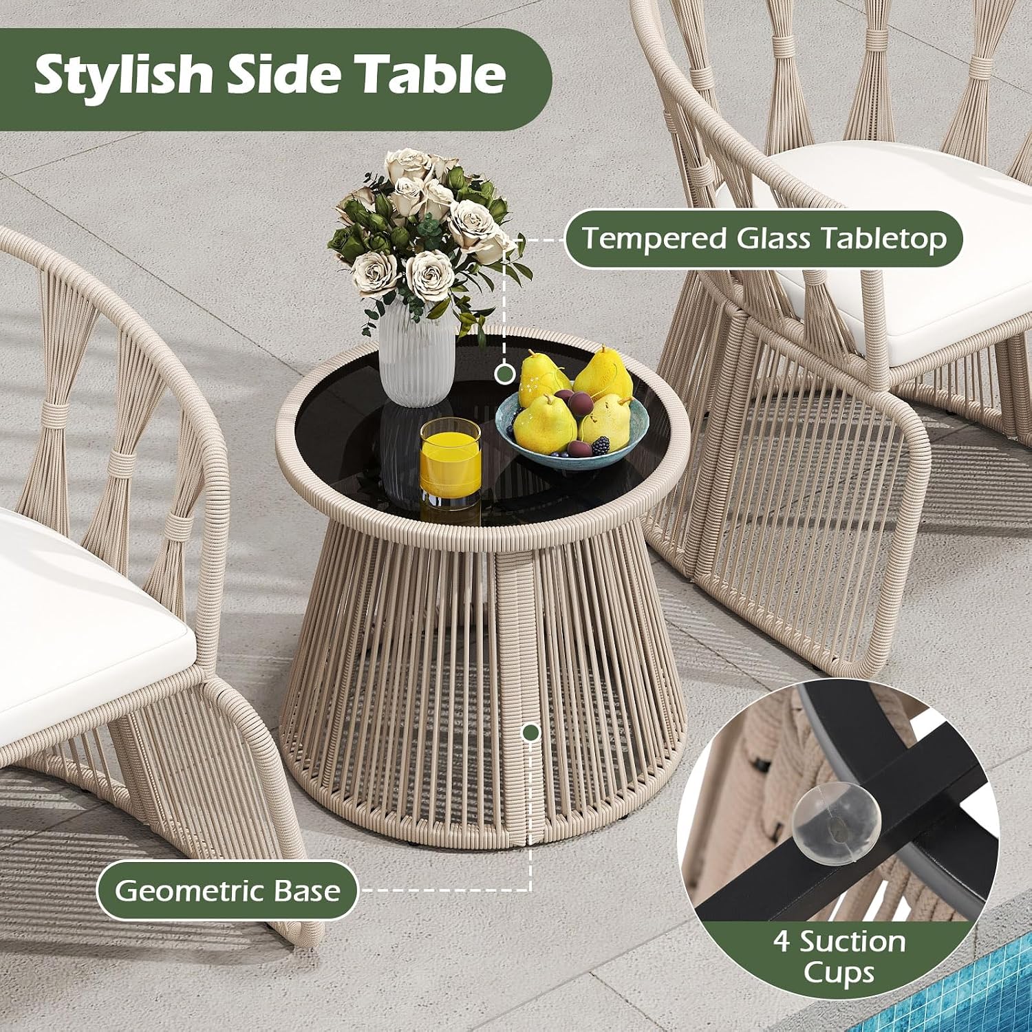 3 Piece Patio Leisure Chair Set, Outdoor Rope-Woven Cushioned Armchairs & Table Set with Tempered Glass Tabletop, for Balcony, Porch, Backyard