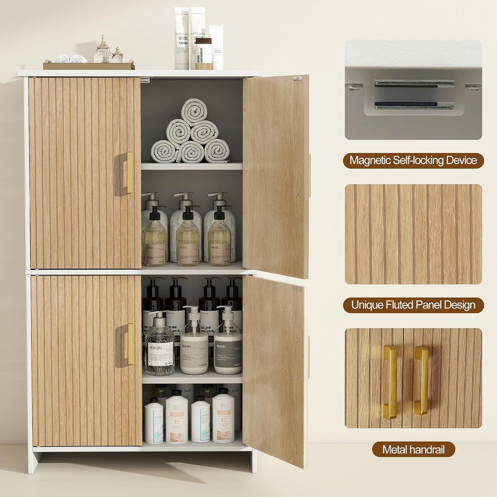 Bathroom Storage Cabinet, Floor Cabinet with 4 Fluted Doors and 2 Adjustable Shelves Wooden Tall Freestanding Organizers and Storage