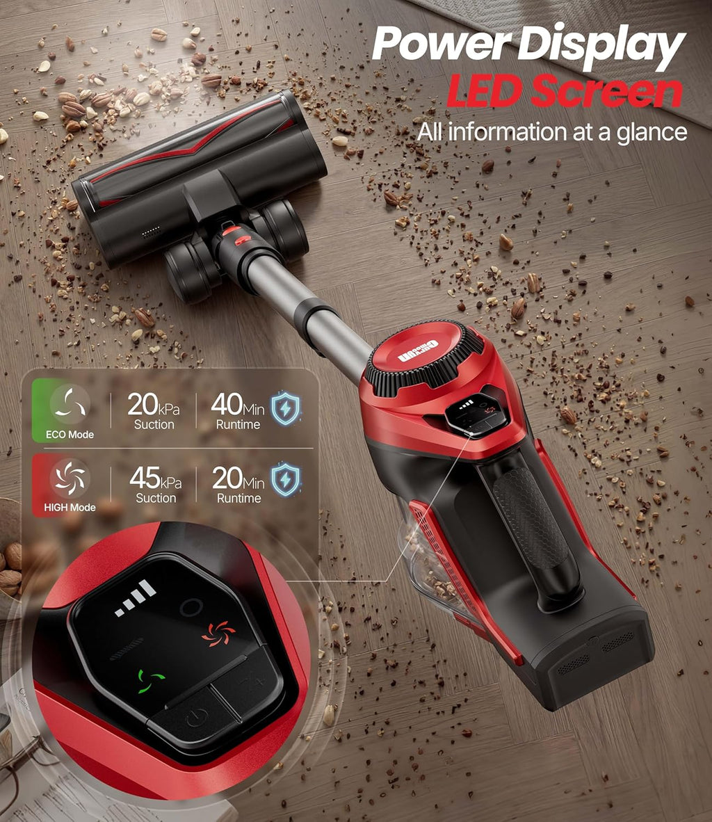 Cordless Vacuum Cleaner for Home, Stick Vacuum 45Kpa, Smart Display & 1.5L Dust Cup, MAX 40mins Runtime, Rechargeable Lightweight Handheld Vavuum for Pet Hair/Carpet/Hardwood Floor/Car