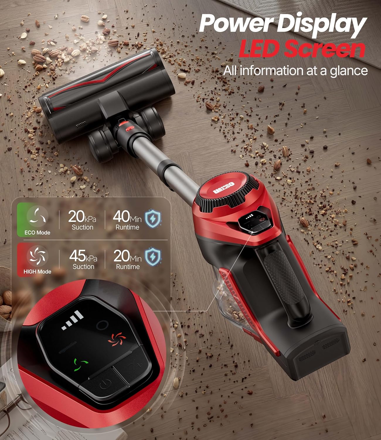 Cordless Vacuum Cleaner for Home, Stick Vacuum 45Kpa, Smart Display & 1.5L Dust Cup, MAX 40mins Runtime, Rechargeable Lightweight Handheld Vavuum for Pet Hair/Carpet/Hardwood Floor/Car