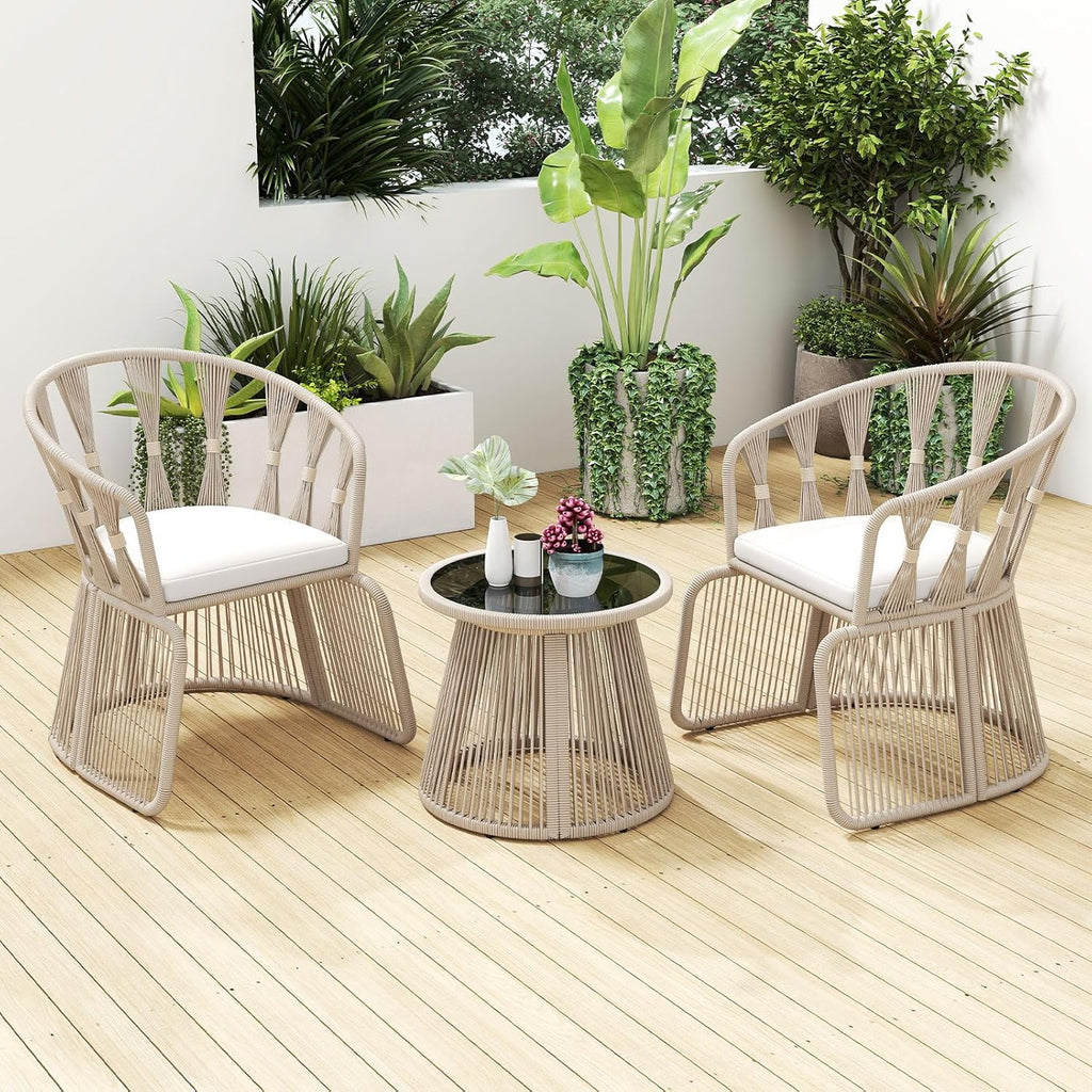 3 Piece Patio Leisure Chair Set, Outdoor Rope-Woven Cushioned Armchairs & Table Set with Tempered Glass Tabletop, for Balcony, Porch, Backyard