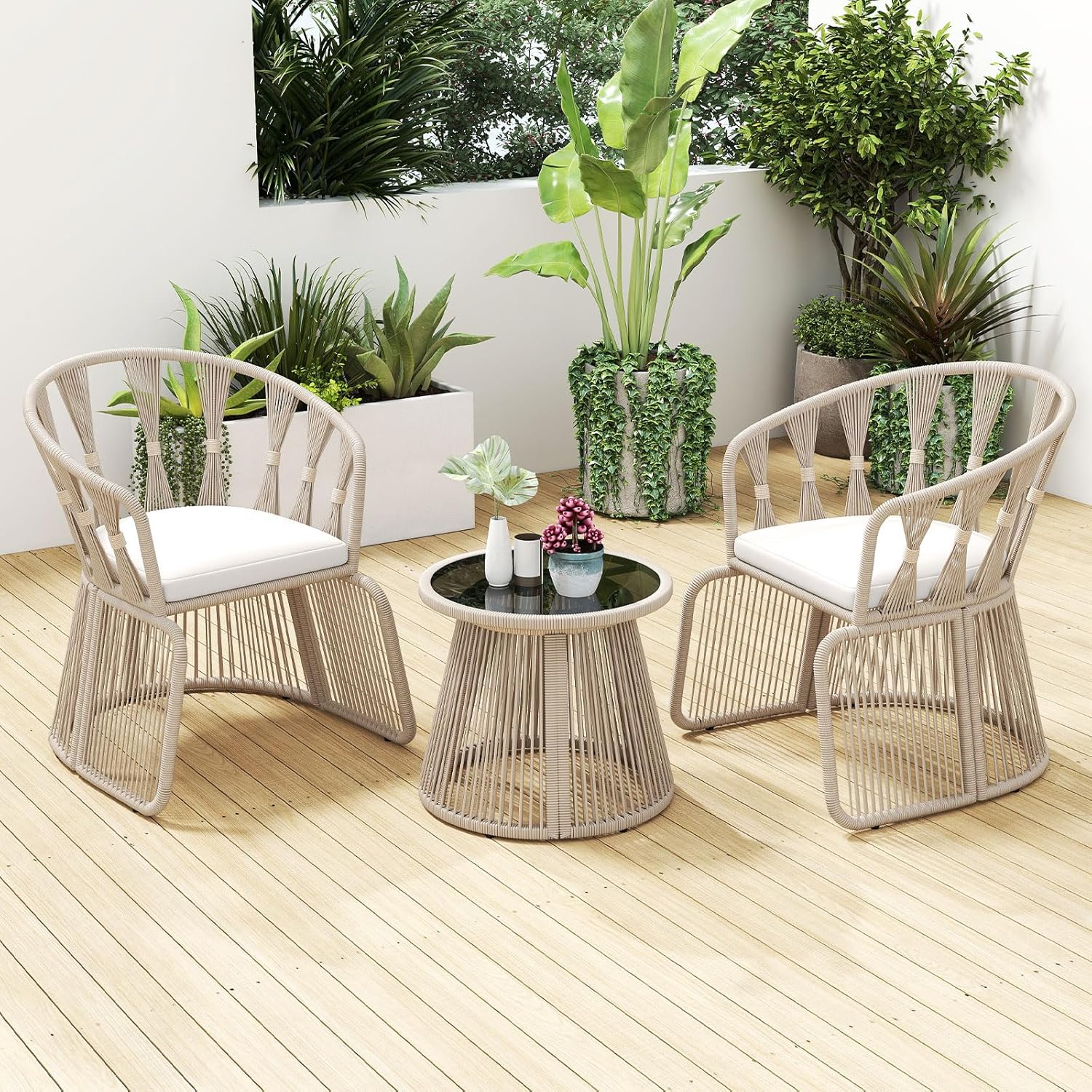 3 Piece Patio Leisure Chair Set, Outdoor Rope-Woven Cushioned Armchairs & Table Set with Tempered Glass Tabletop, for Balcony, Porch, Backyard